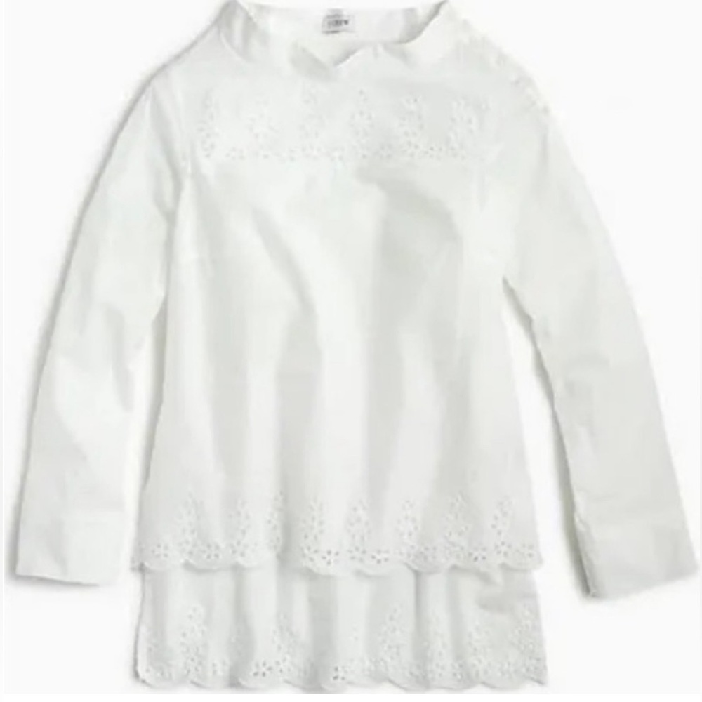 NWT J Crew Funnel Neck Eyelet High-Low Blouse with Scalloped Hem | Size 10